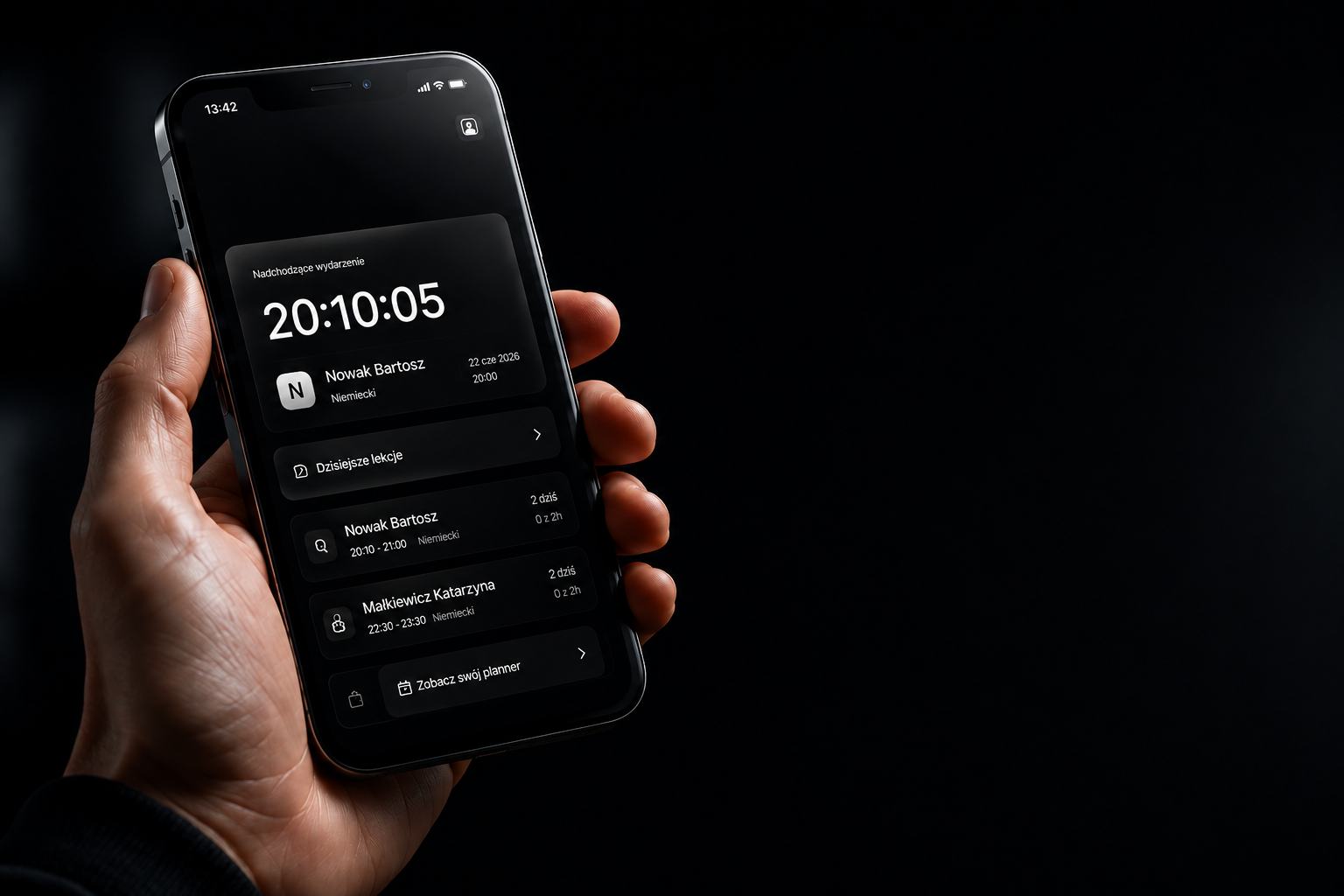 TutorTribe na telefonie — centrum dowodzenia z licznikiem do najbliższej lekcji