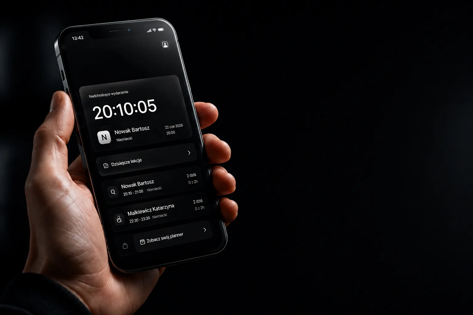 TutorTribe na telefonie — centrum dowodzenia z licznikiem do najbliższej lekcji