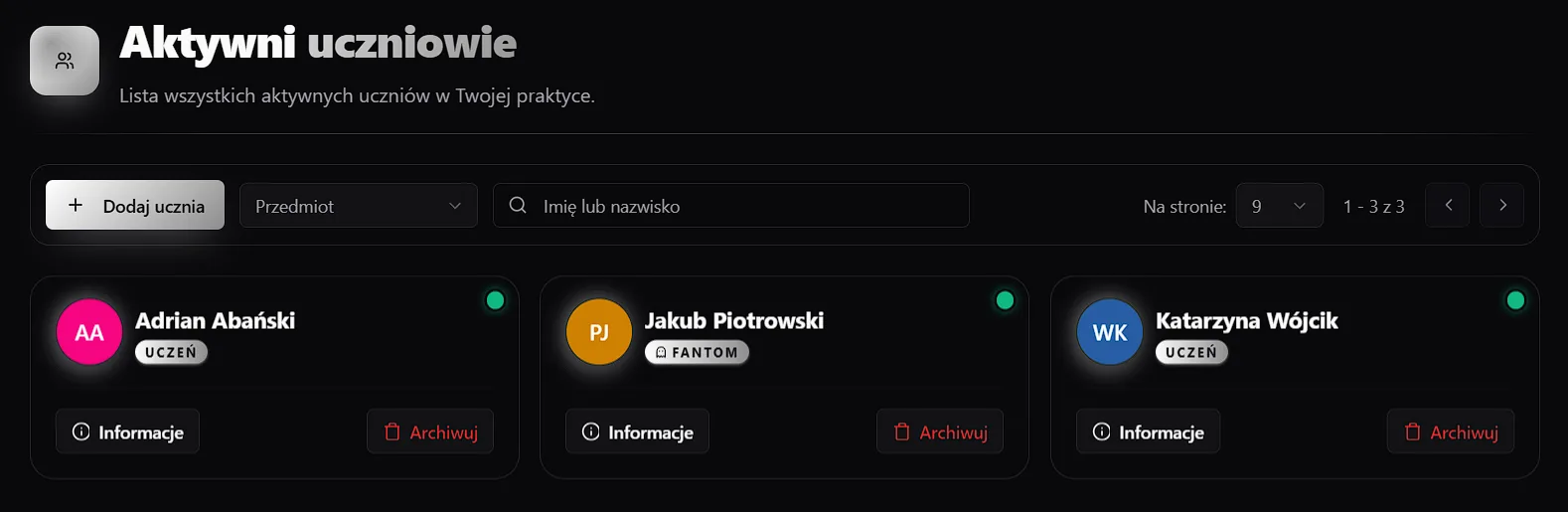 Aktywni uczniowie — karty