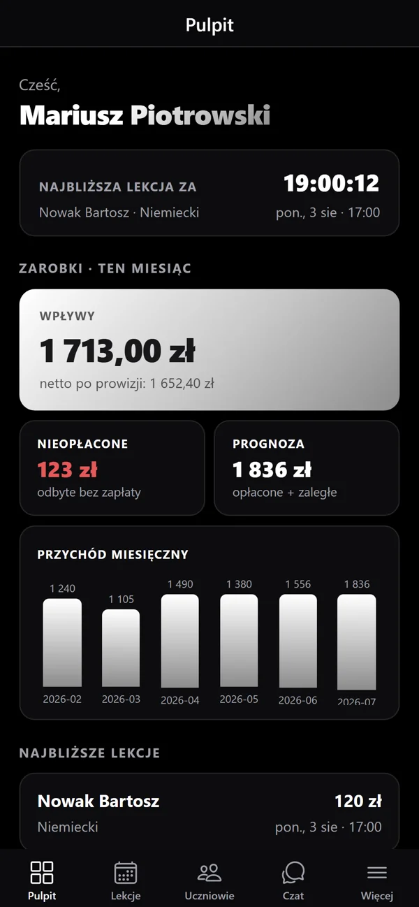 Prawdziwy pulpit TutorTribe — zarobki, zaległości i grafik